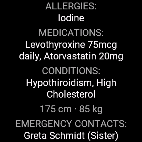 Allergies, medications and conditions screen