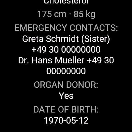 Emergency contacts, organ donor status and date of birth
